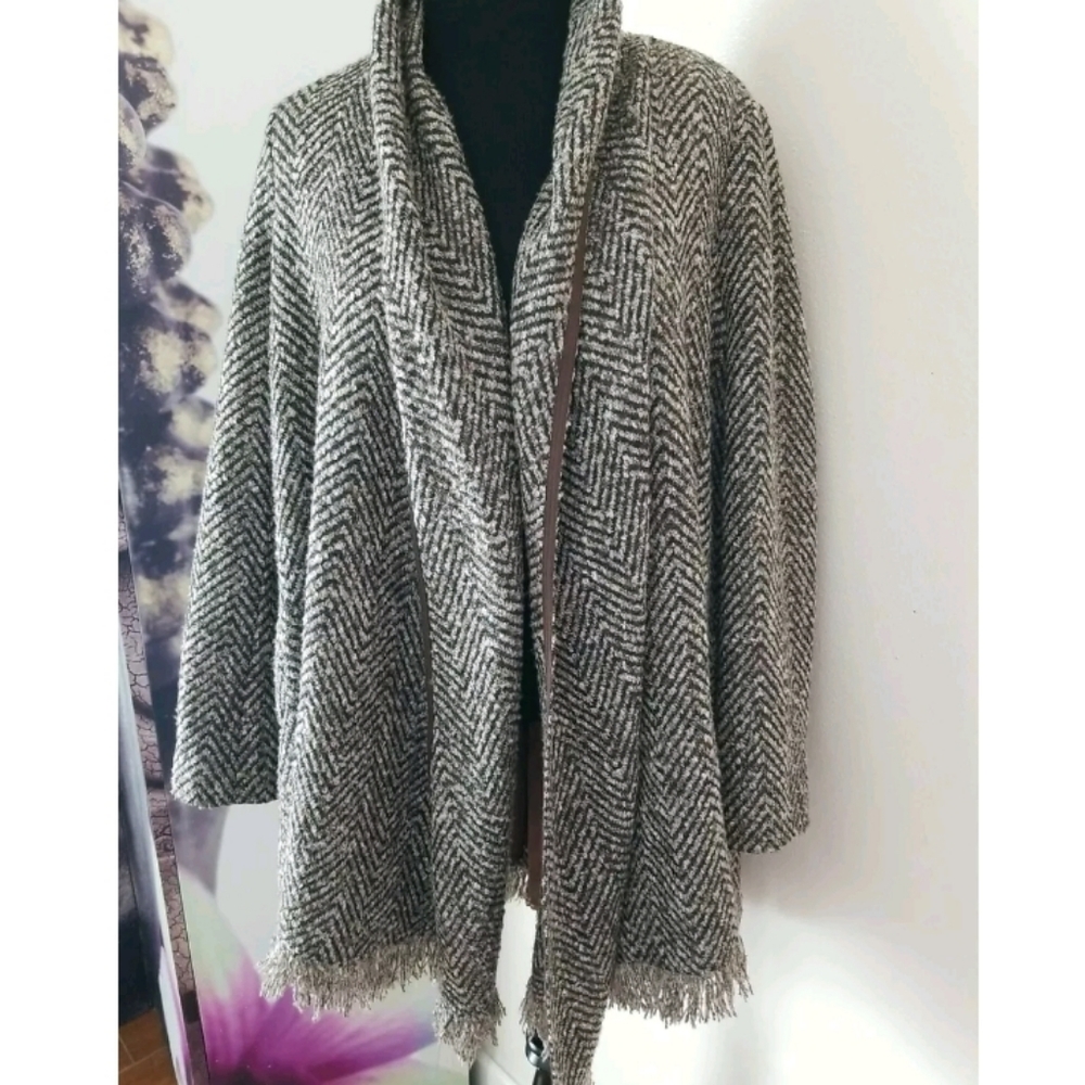 BOSTON PROPER Brown Chevron Draped Knit Open Front Fringe Trim Cardigan Sweater